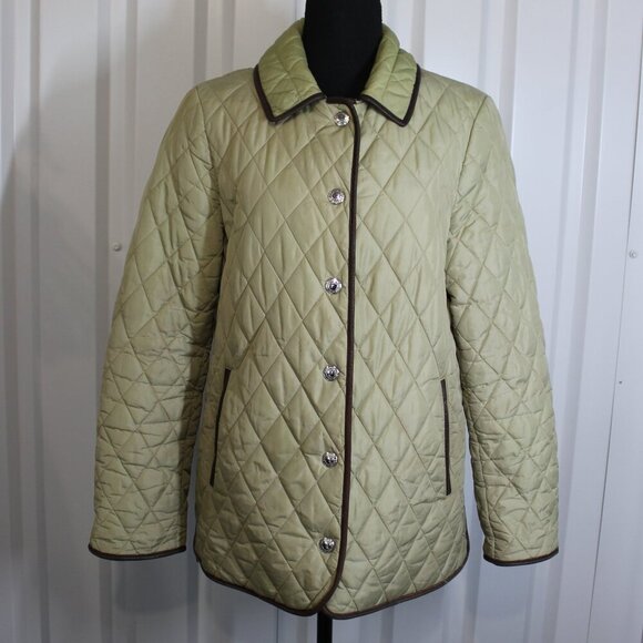 Coach Womens Quilted Nylon Green Jacket Brown Leather Trim Size Med Puffer Light - Picture 1 of 12